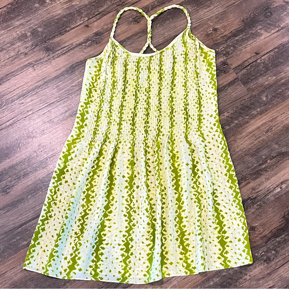 Banana Republic Size 10 100% Silk Watercolor Green Twist Strap Zip Side Dress